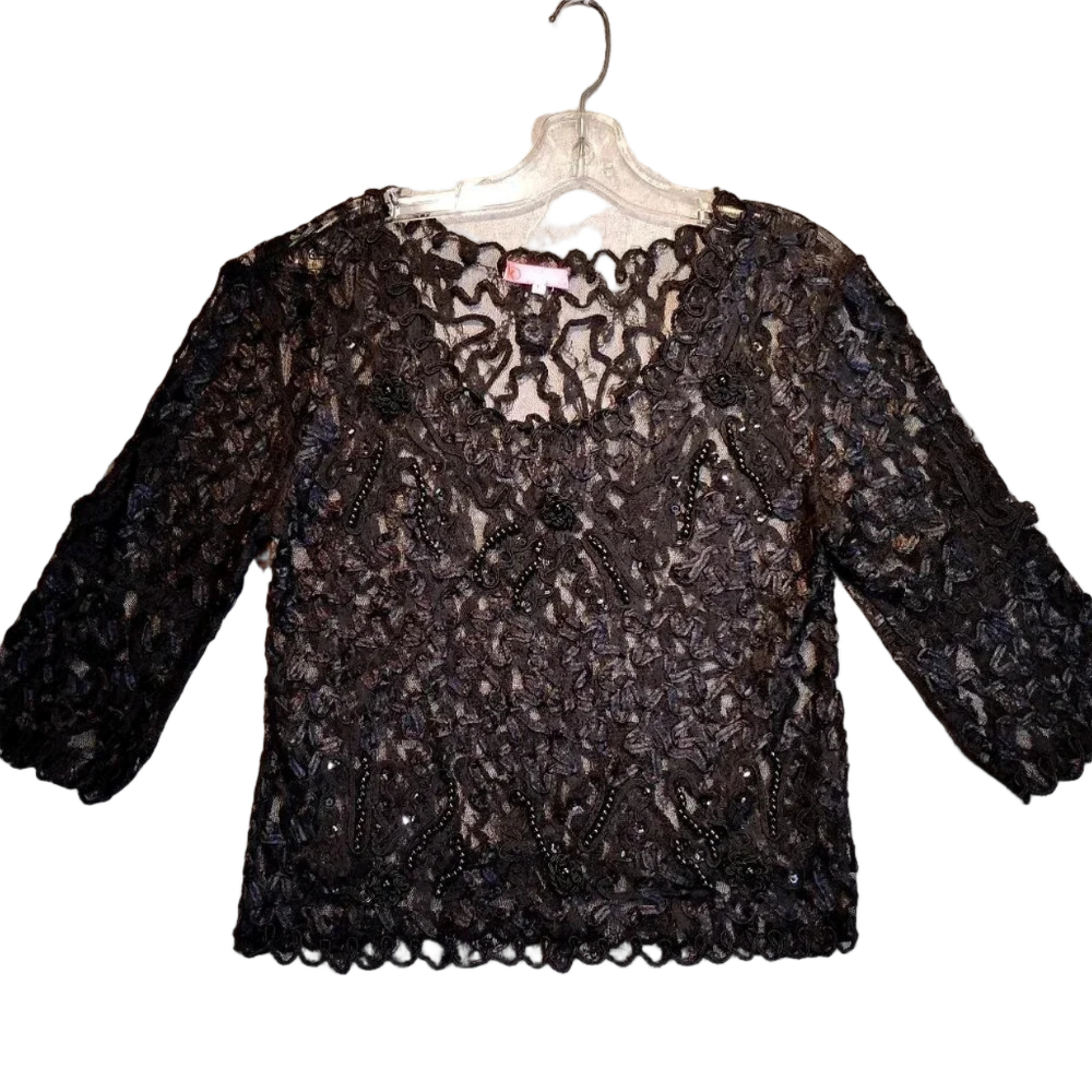 Kayting NWOT Black  Lace Mesh with Sequins Beads & Roses in Size Large